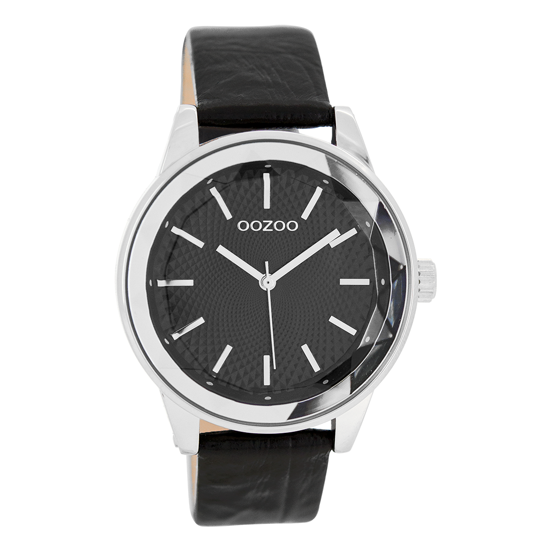 Zilverkleurige OOZOO horloge met zwarte leren band - C7534