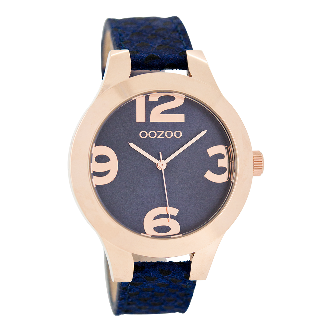 Rose gold coloured OOZOO watch with dark blue leather strap - C7598