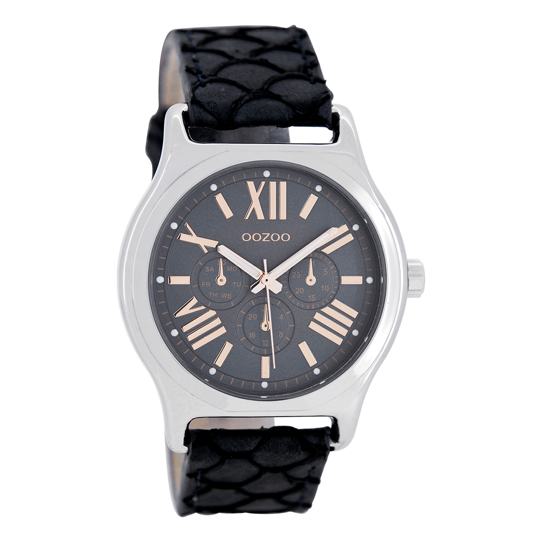 Zilverkleurige OOZOO horloge met donker blauwe leren band - C7612