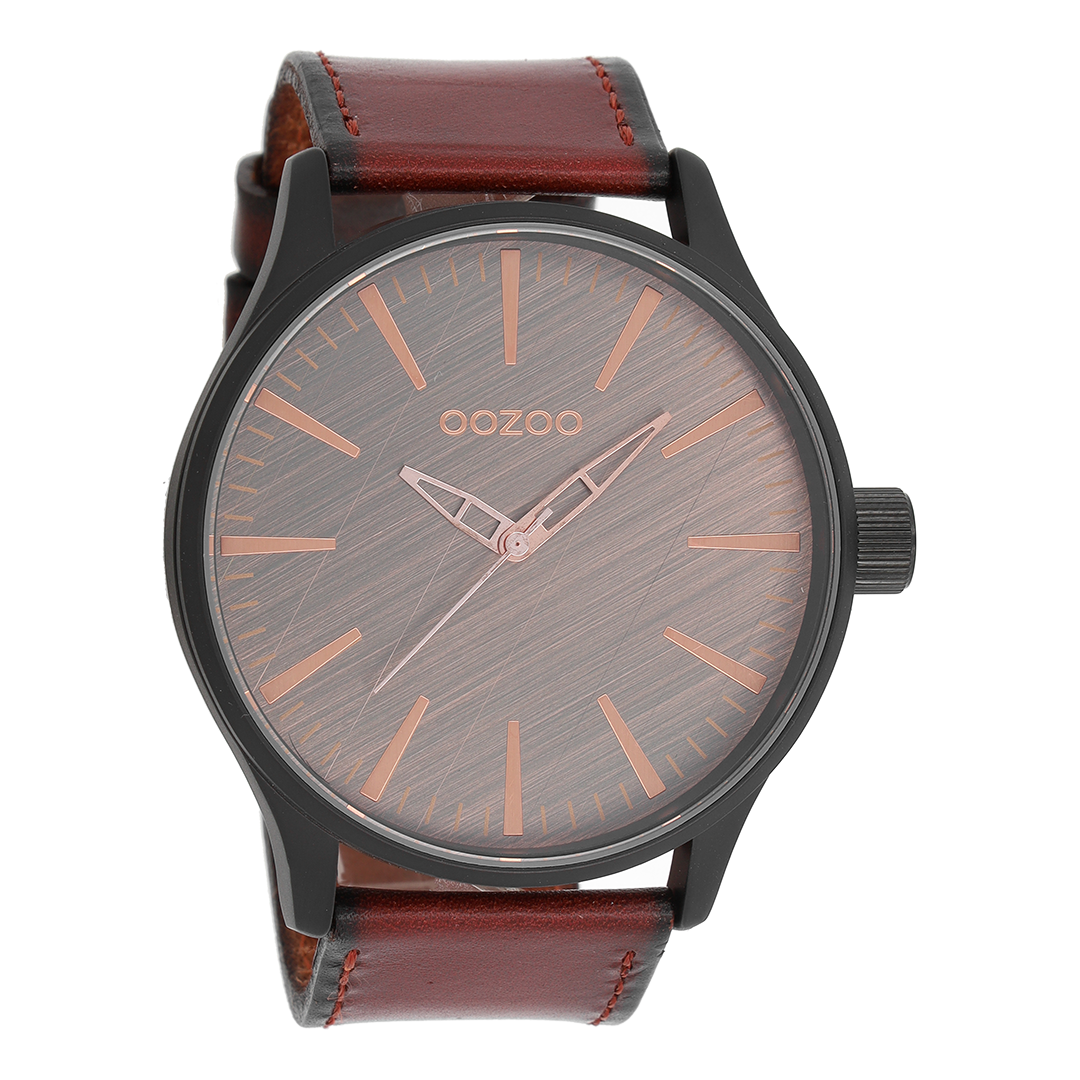 Zwarte OOZOO horloge met rood/bruine leren band - C7862
