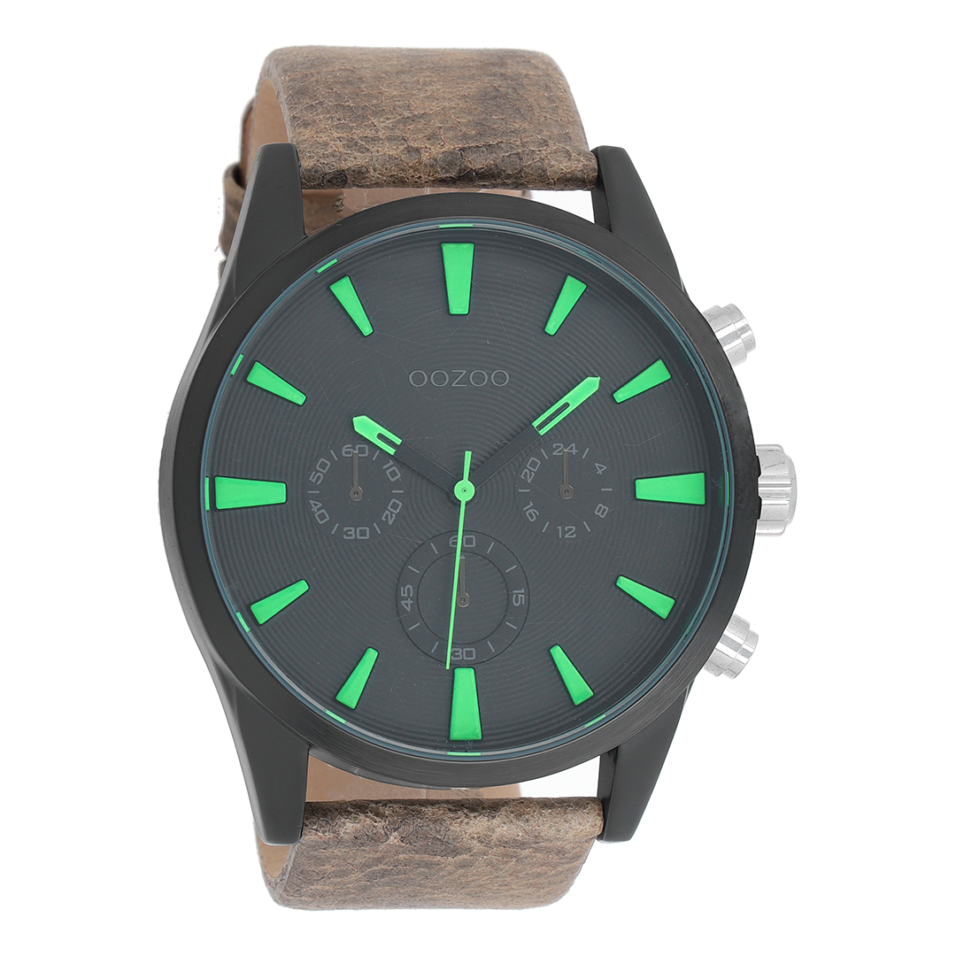 Zwarte OOZOO horloge met grijze leren band - C8202