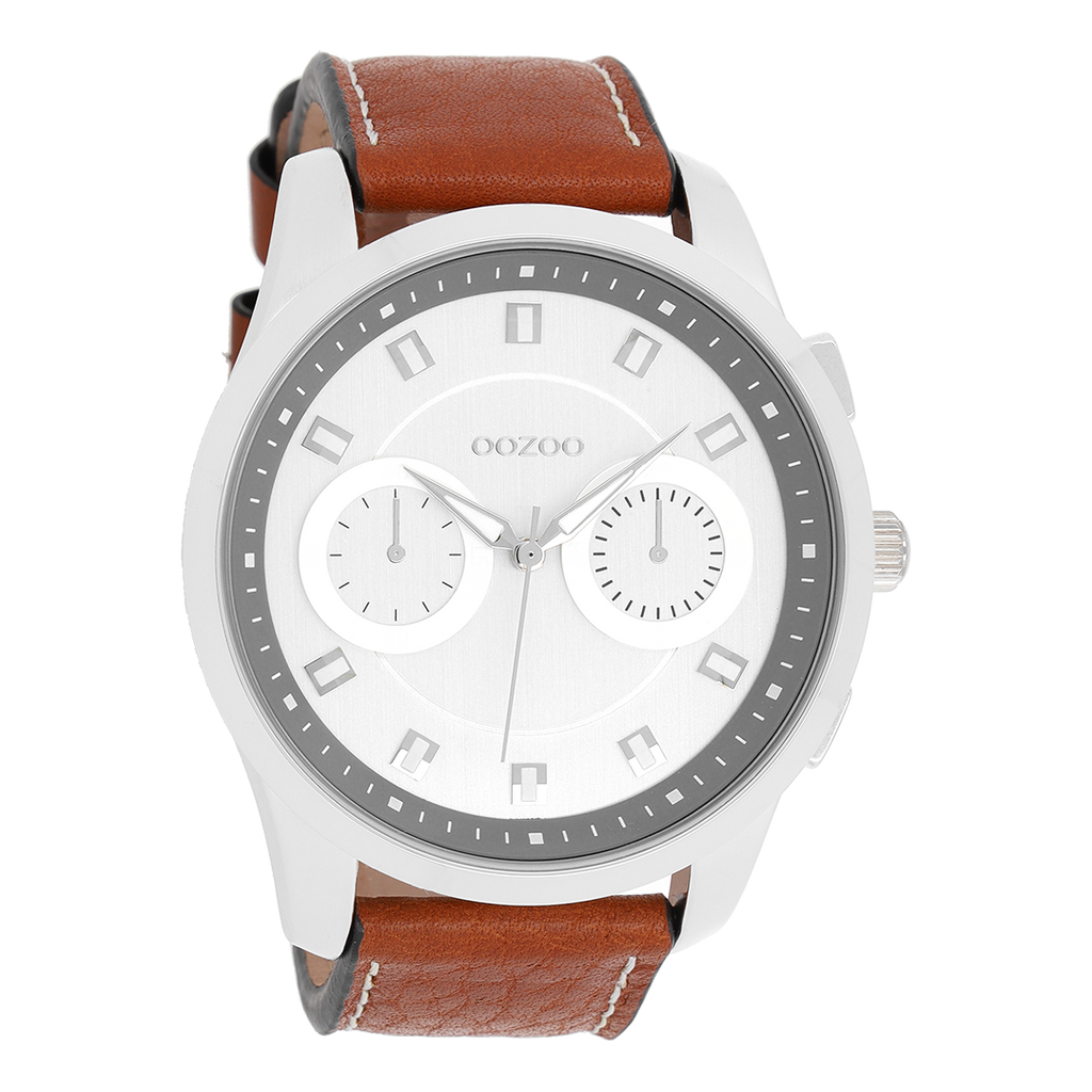 OOZOO Montre en couleur argent avec bracelet en cuir en cognac - C8205