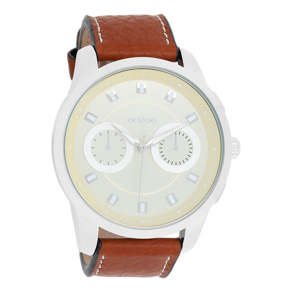 OOZOO Montre en couleur argent avec bracelet en cuir en cognac - C8206