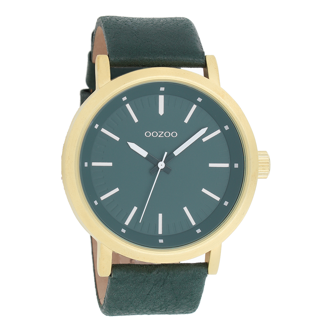 Goudkleurige OOZOO horloge met donker groene leren band - C8252