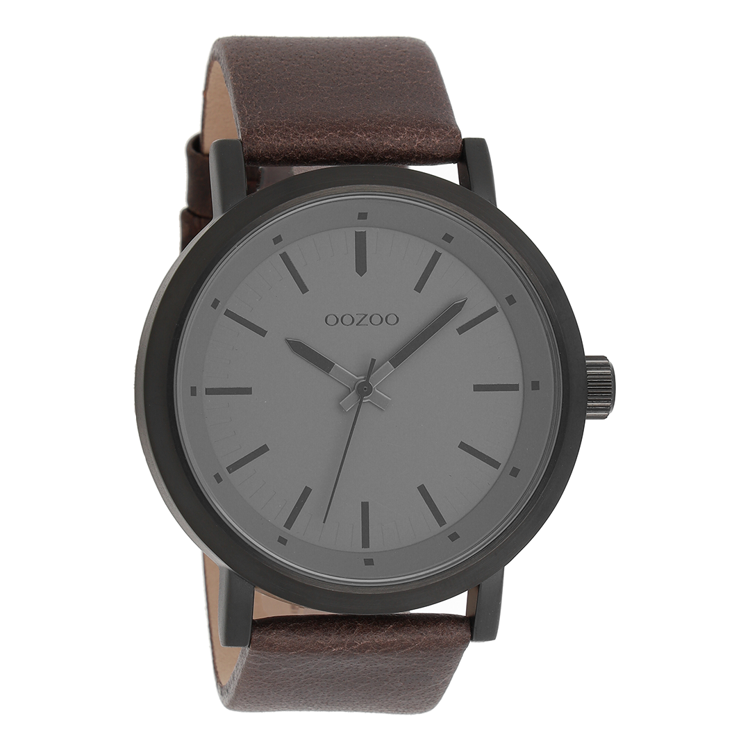Zwarte OOZOO horloge met bruine leren band - C8254