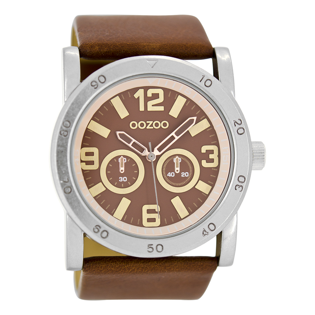 OOZOO Montre en couleur argent avec bracelet en cuir en marron - C8306