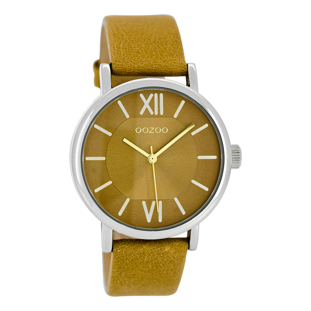 Silver coloured OOZOO watch with sand leather strap - C8320