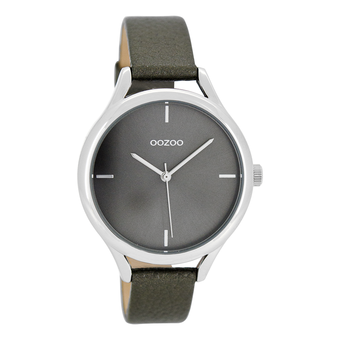 Silver coloured OOZOO watch with grey leather strap - C8348