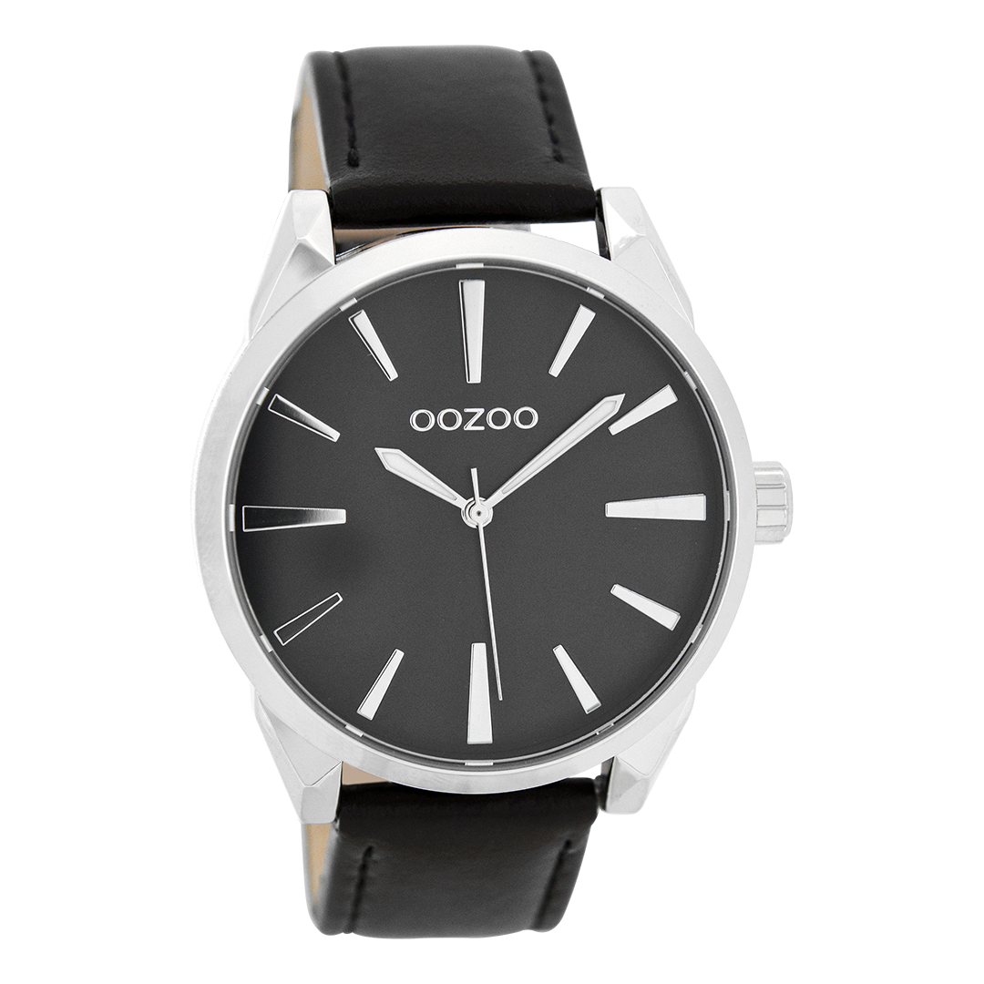 OOZOO Montre en couleur argent avec bracelet en cuir en noir - C8364