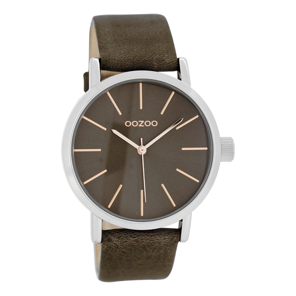 OOZOO Montre en couleur argent avec bracelet en cuir en marron foncé - C8423