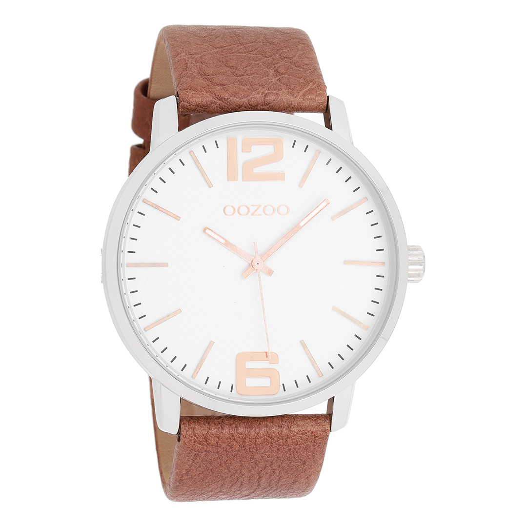 Zilverkleurige OOZOO horloge met cognac leren band - C8501