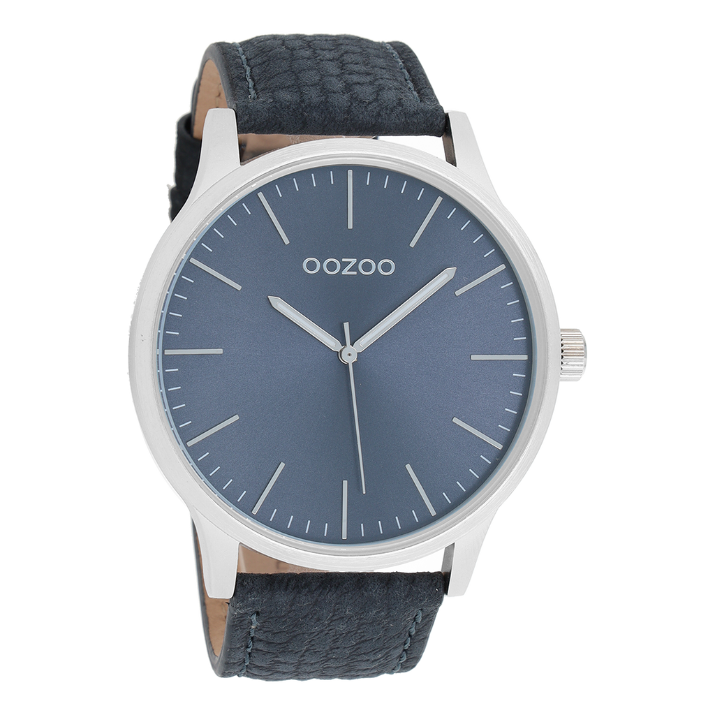 OOZOO Montre en couleur argent avec bracelet en cuir en bleu foncé - C8537