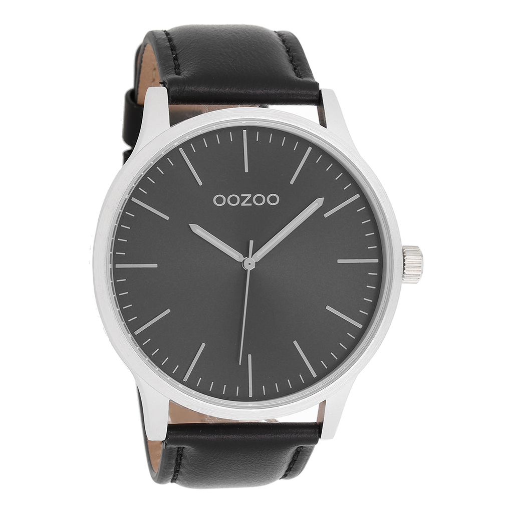 OOZOO Montre en couleur argent avec bracelet en cuir en noir - C8539