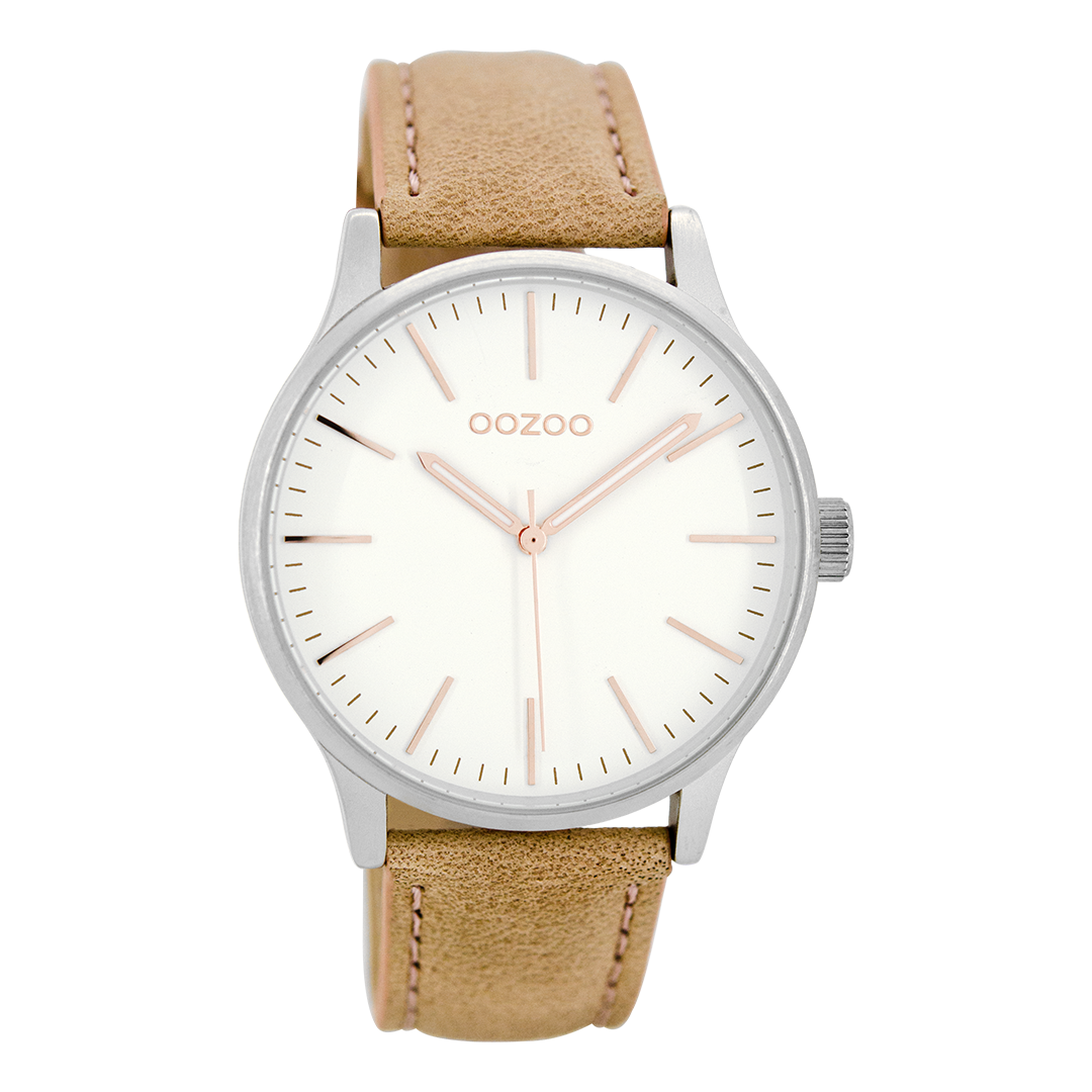 Zilverkleurige OOZOO horloge met oud roze leren band - C8541