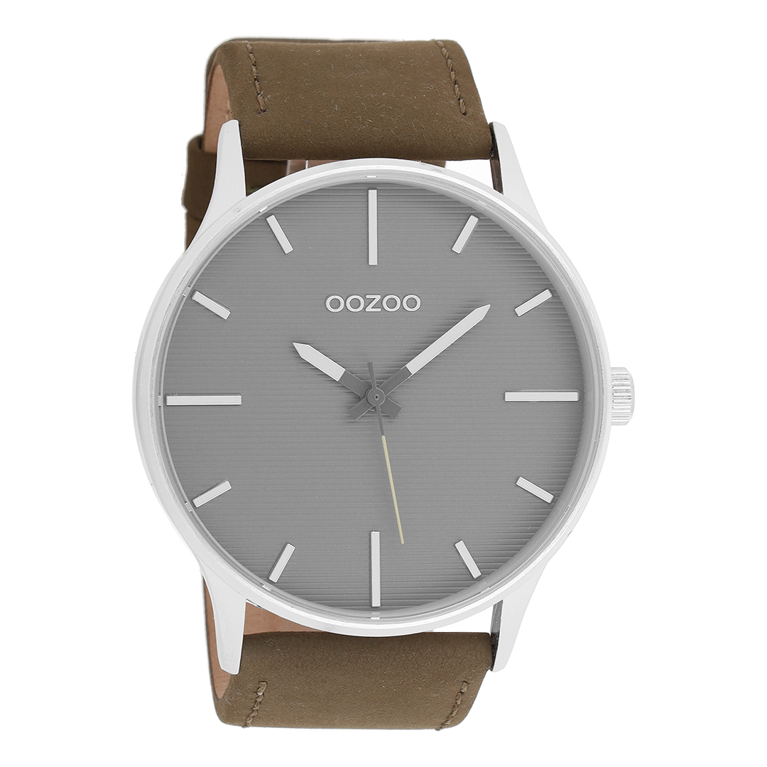 Zilverkleurige OOZOO horloge met groene leren band - C8553