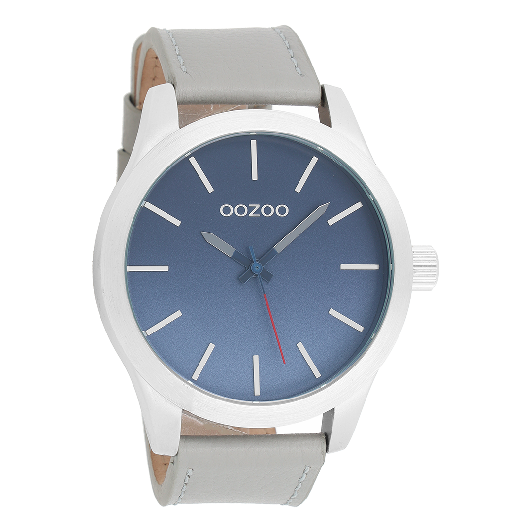 Zilverkleurige OOZOO horloge met licht grijze leren band - C8555