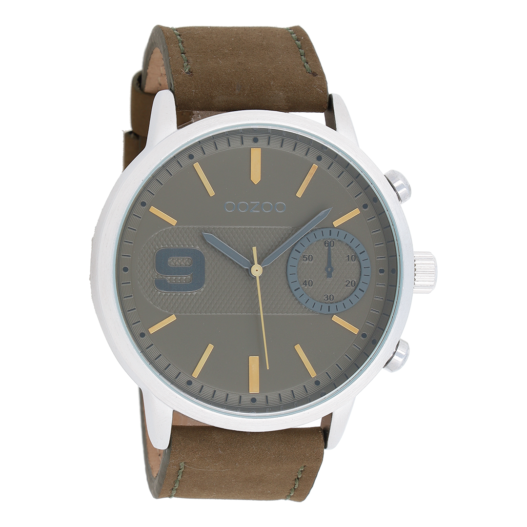Zilverkleurige OOZOO horloge met groene leren band - C8582
