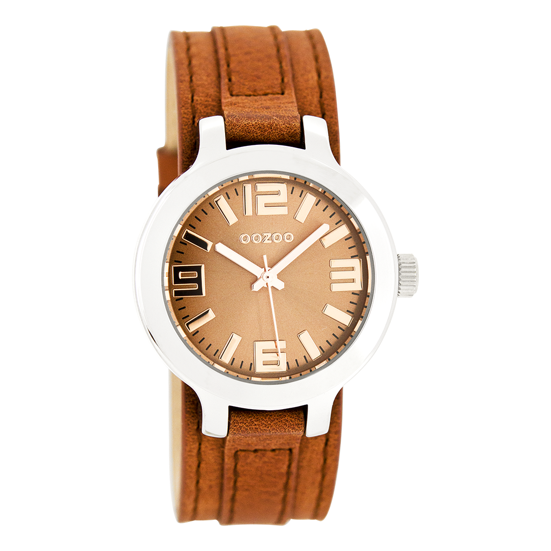 Silver coloured OOZOO watch with terra leather strap - C8706