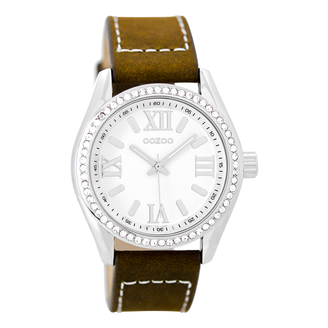 OOZOO Montre en couleur argent avec bracelet en cuir en cognac - C8739