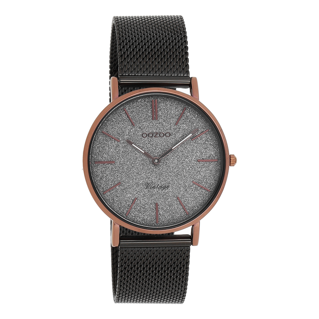 Brown OOZOO watch with elephant grey metal mesh bracelet - C8862