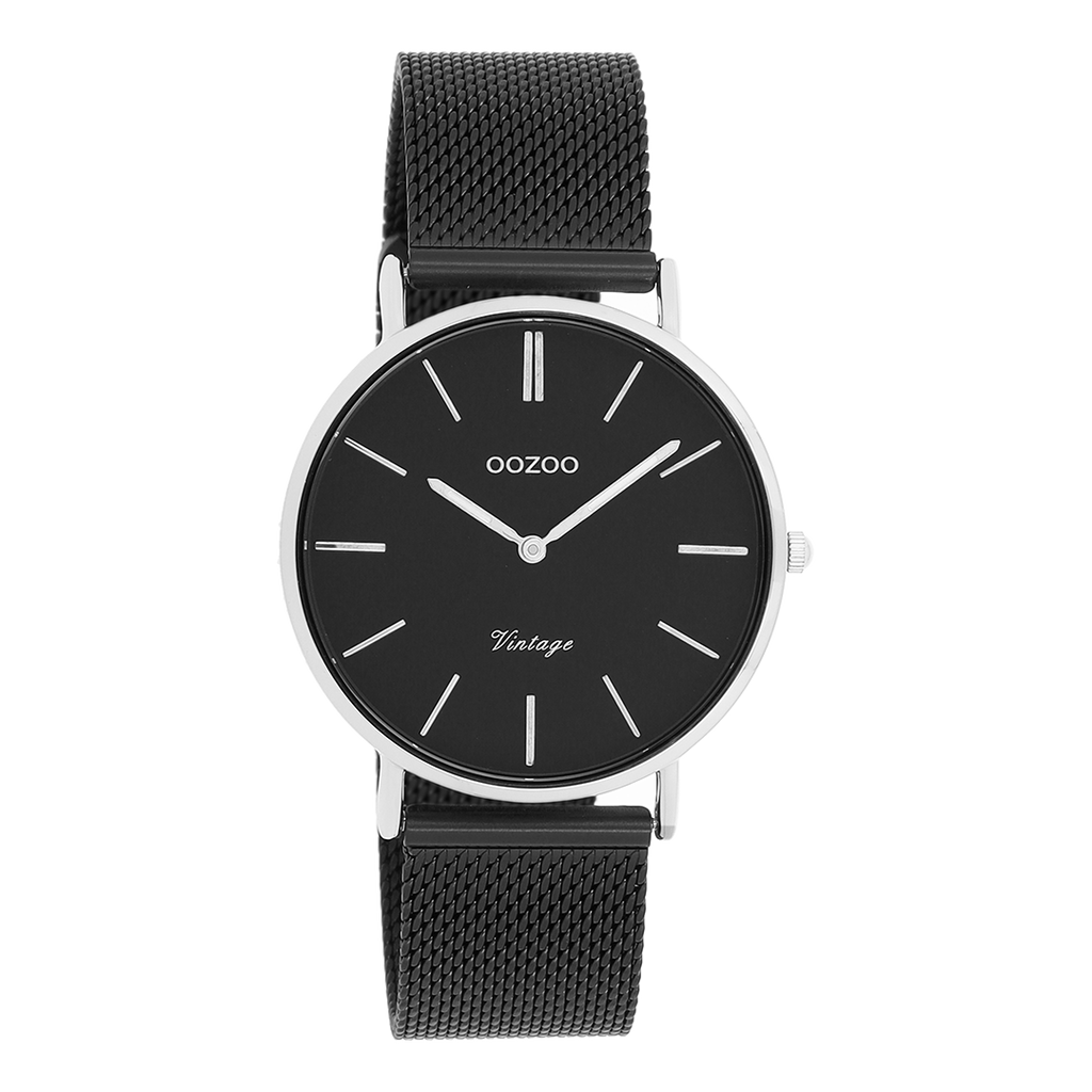 Silver coloured OOZOO watch with black metal mesh bracelet - C8866
