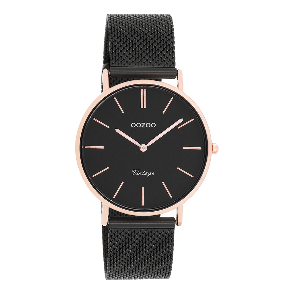 Rose gold coloured OOZOO watch with black metal mesh bracelet - C8870