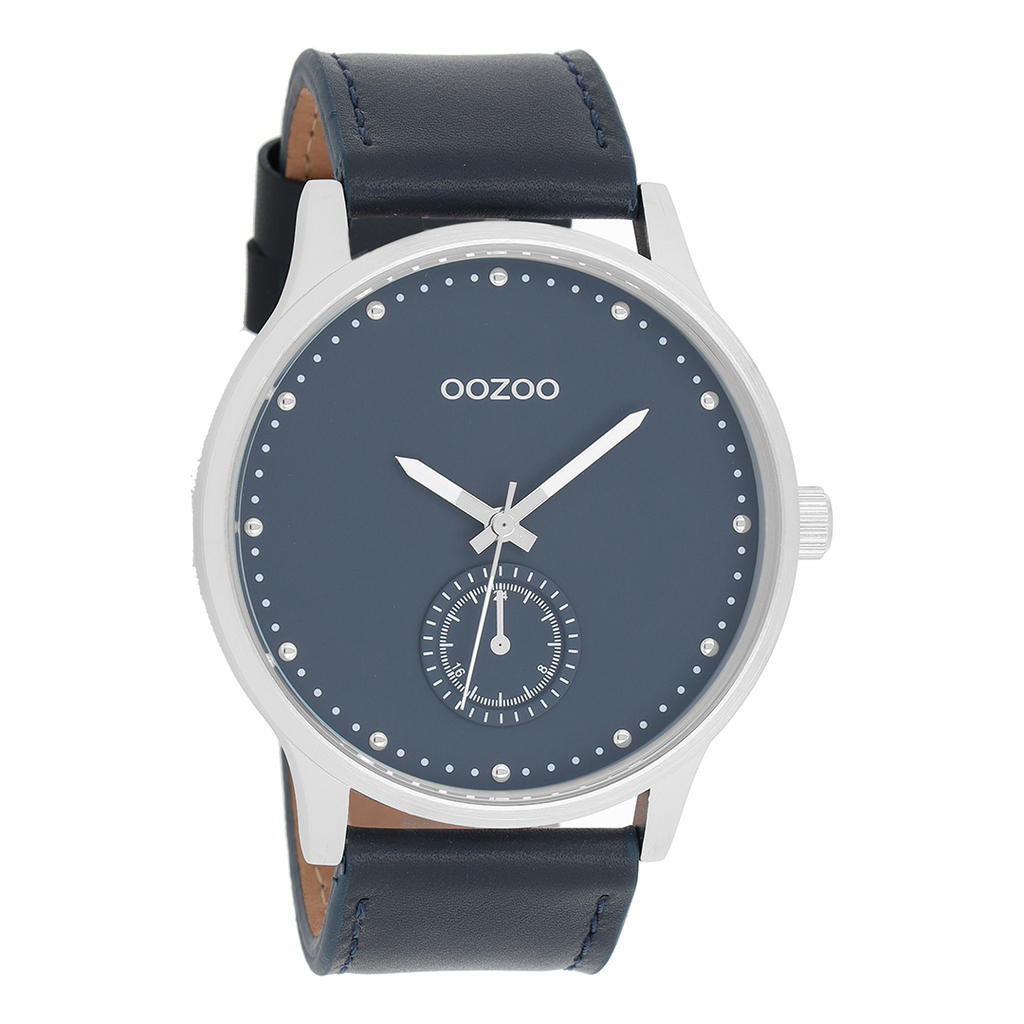 OOZOO Montre en couleur argent avec bracelet en cuir en bleu foncé - C9008