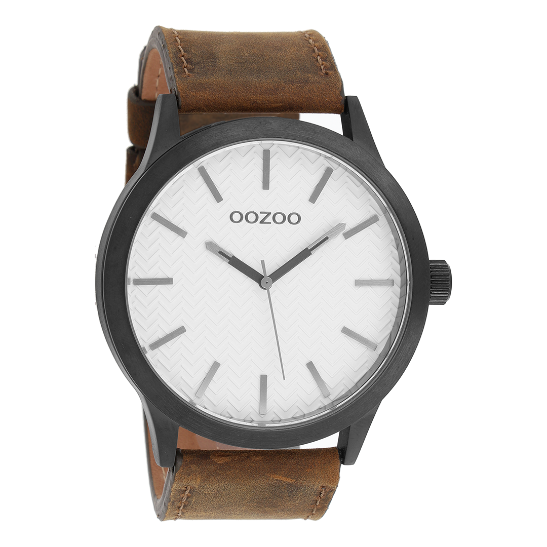 OOZOO Montre en noir avec bracelet en cuir en marron foncé - C9011