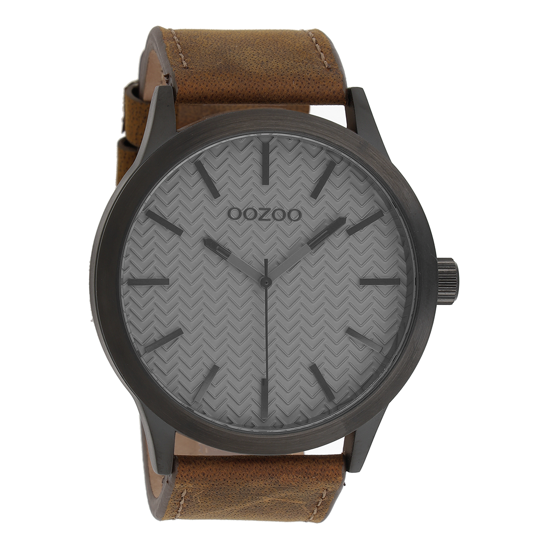 OOZOO Montre en noir avec bracelet en cuir en marron - C9012