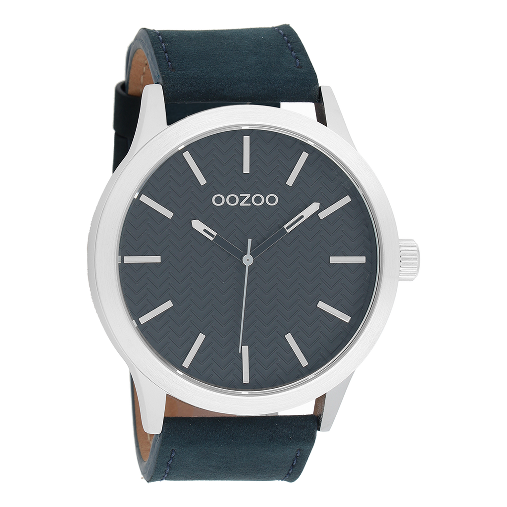 OOZOO Montre en couleur argent avec bracelet en cuir en bleu foncé - C9013