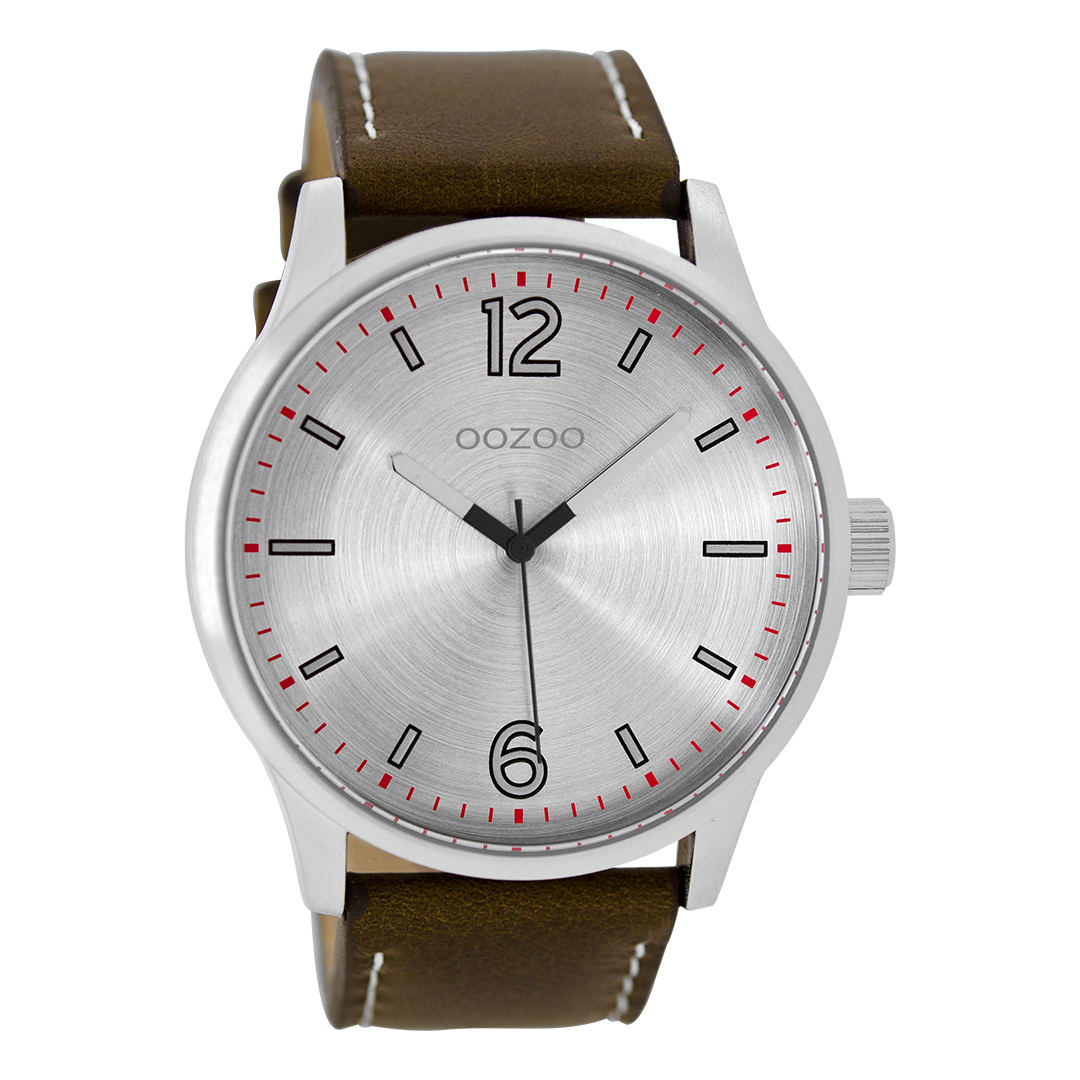 Zilverkleurige OOZOO horloge met donker bruine leren band - C9048