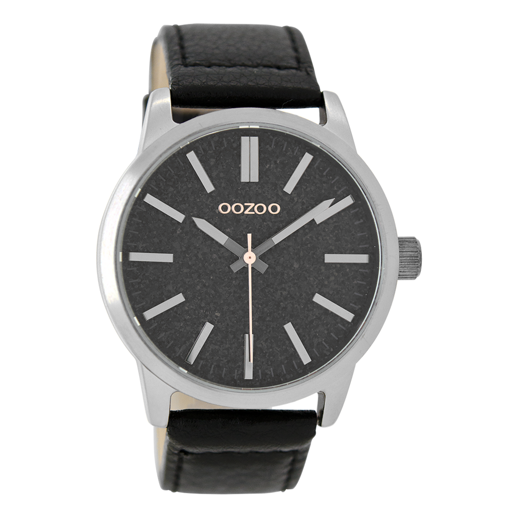 OOZOO Montre en couleur argent avec bracelet en cuir en noir - C9069