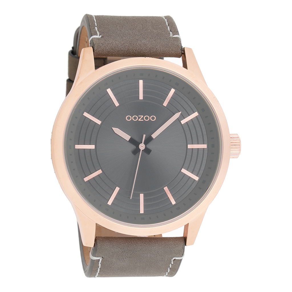 OOZOO Montre en couleur or rose avec bracelet en cuir en gris éléphant - C9078
