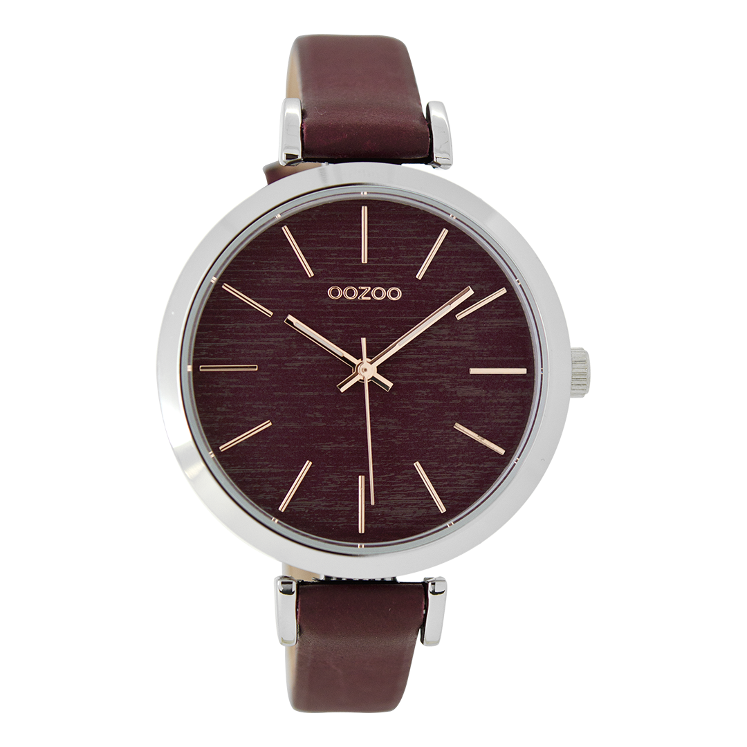 Zilverkleurige OOZOO horloge met bordeaux rode leren band - C9137