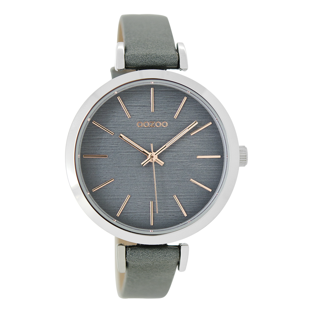 Zilverkleurige OOZOO horloge met aqua grijze leren band - C9138