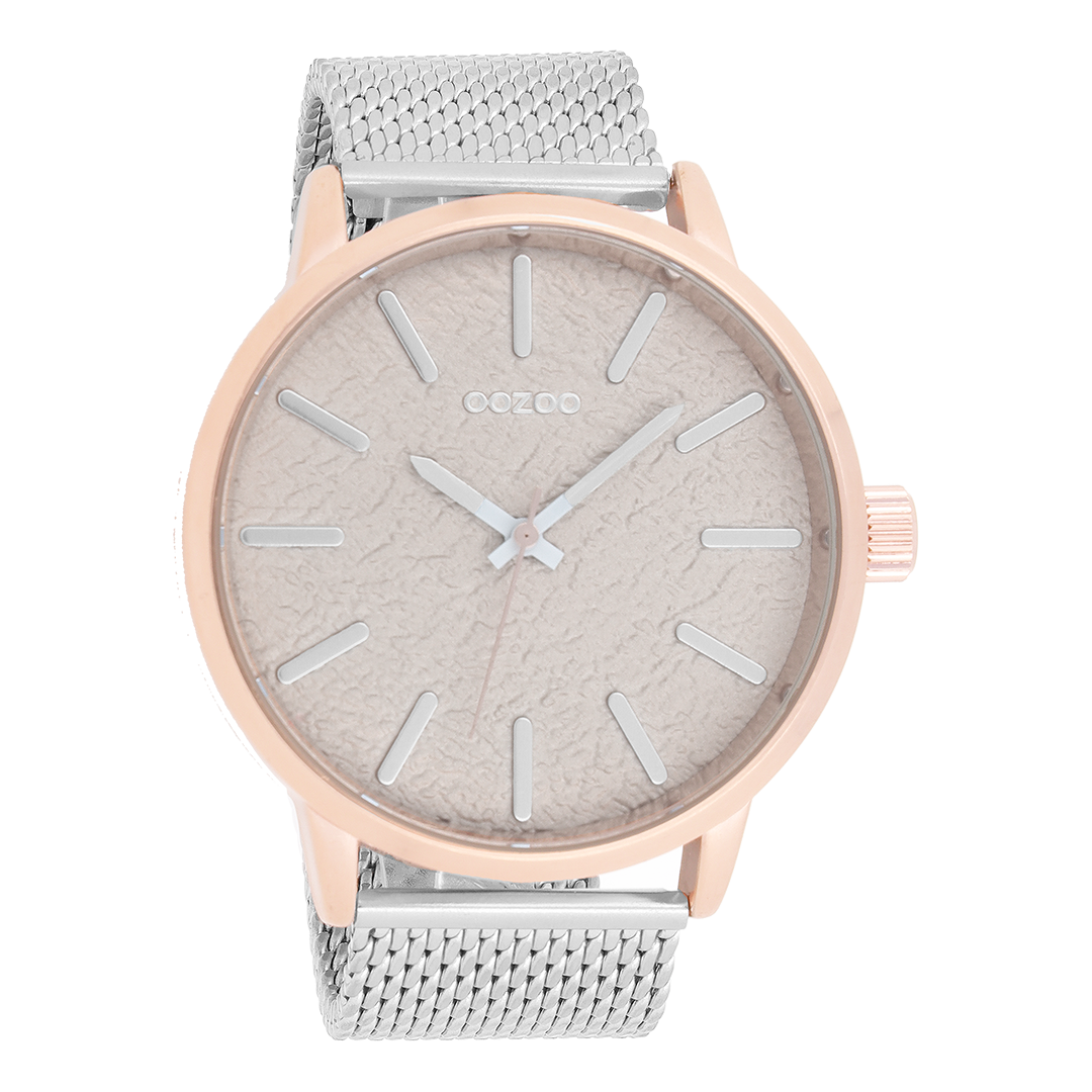 Rosé goudkleurige OOZOO horloge met zilverkleurige metalen mesh armband - C9232