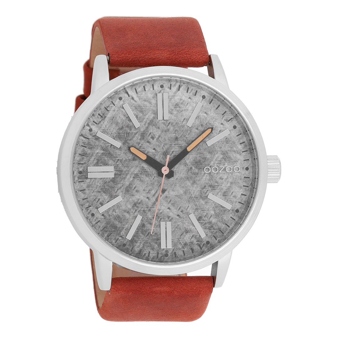 Silver coloured OOZOO watch with cognac leather strap - C9407