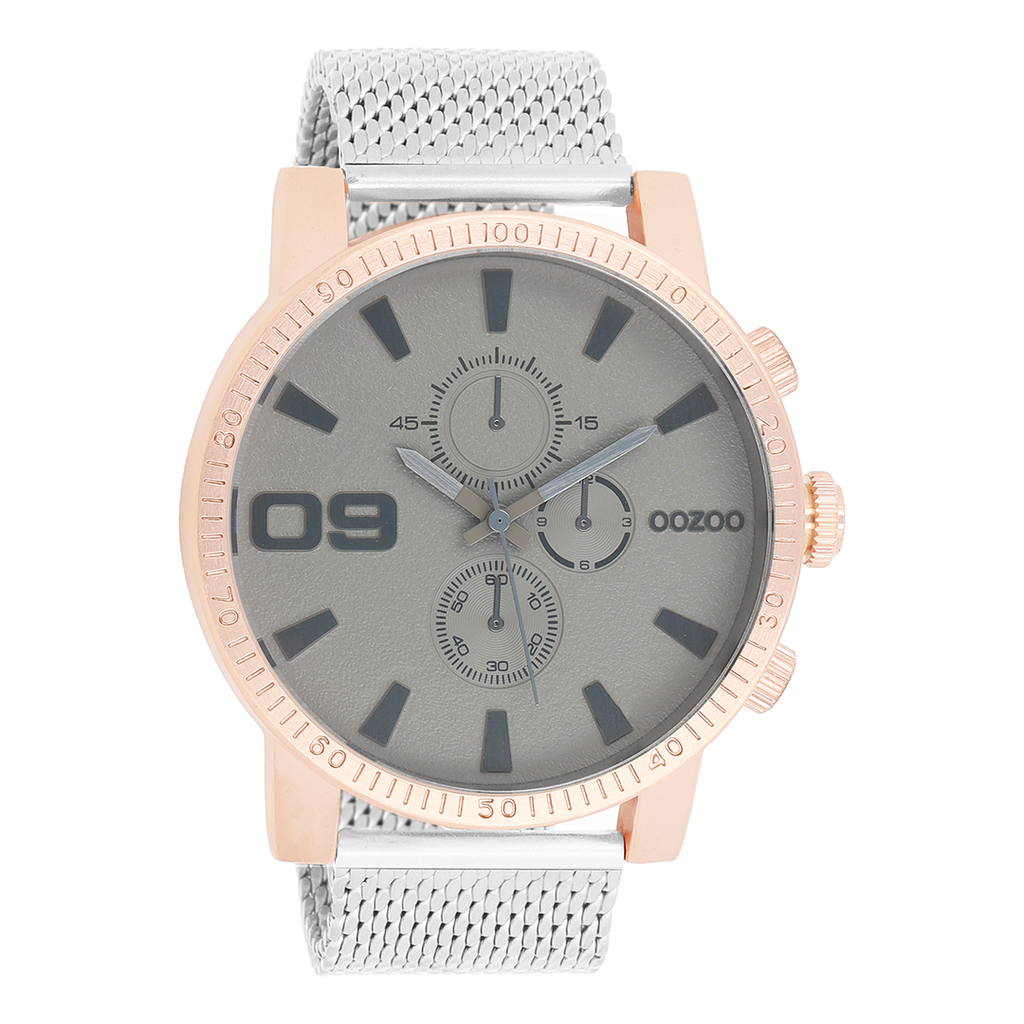 OOZOO Montre en couleur or rose avec bracelet en mesh en couleur argent - C9437