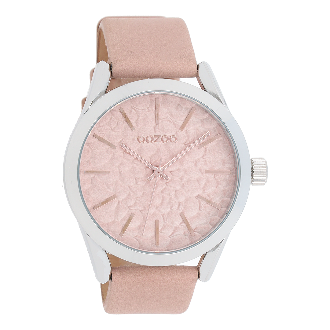 OOZOO Montre en couleur argent avec bracelet en cuir en rose gris - C9472