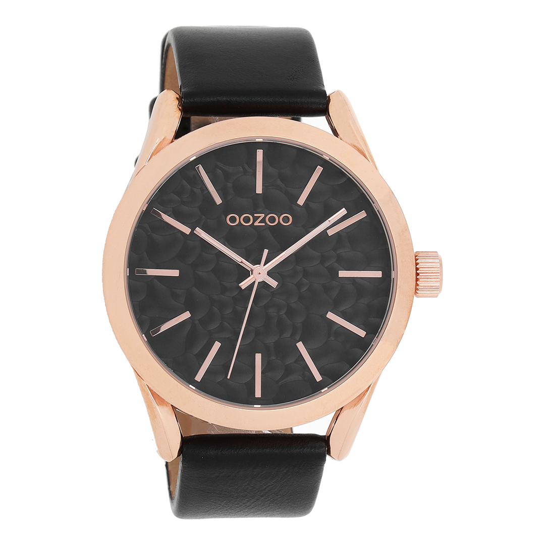 OOZOO Montre en couleur or rose avec bracelet en cuir en noir - C9474