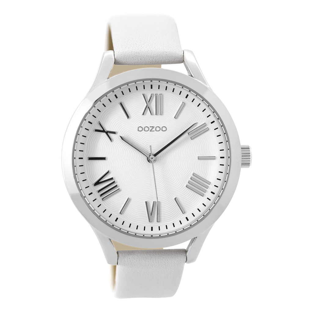 OOZOO Montre en couleur argent avec bracelet en cuir en blanc - C9475