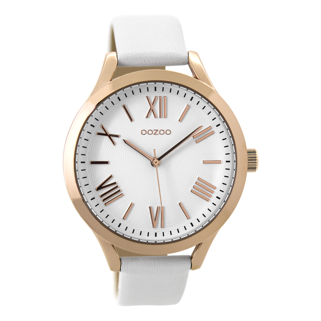 OOZOO Montre en couleur or rose avec bracelet en cuir en blanc - C9476