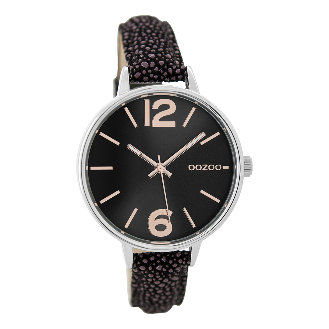 Silver coloured OOZOO watch with black leather strap - C9484