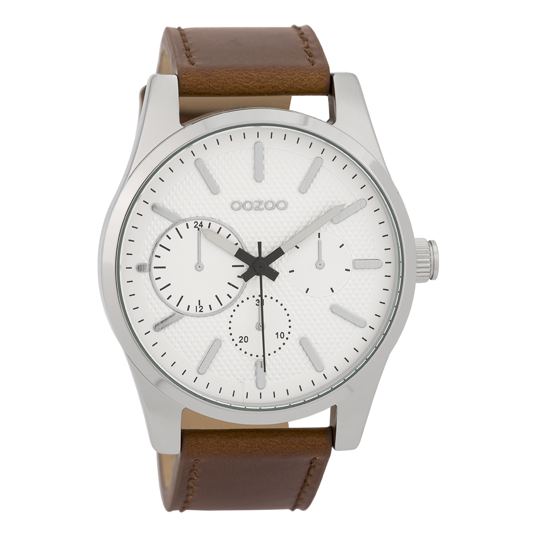 Zilverkleurige OOZOO horloge met bruine leren band - C9616