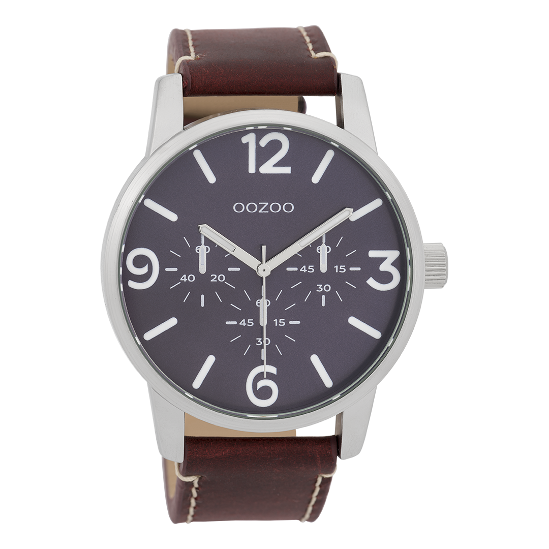 OOZOO Montre en couleur argent avec bracelet en cuir en rouge-marron - C9651