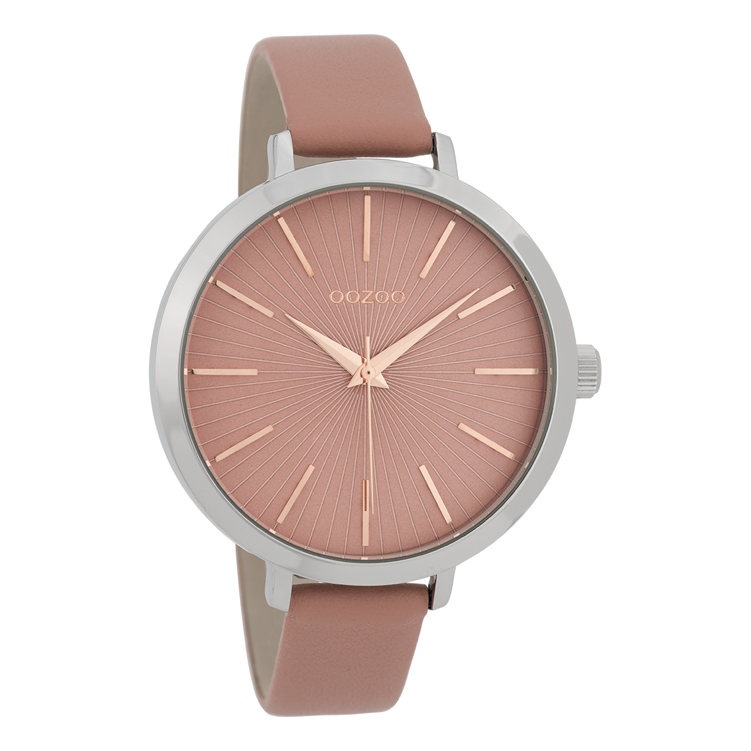 Zilverkleurige OOZOO horloge met warm roze leren band - C9672