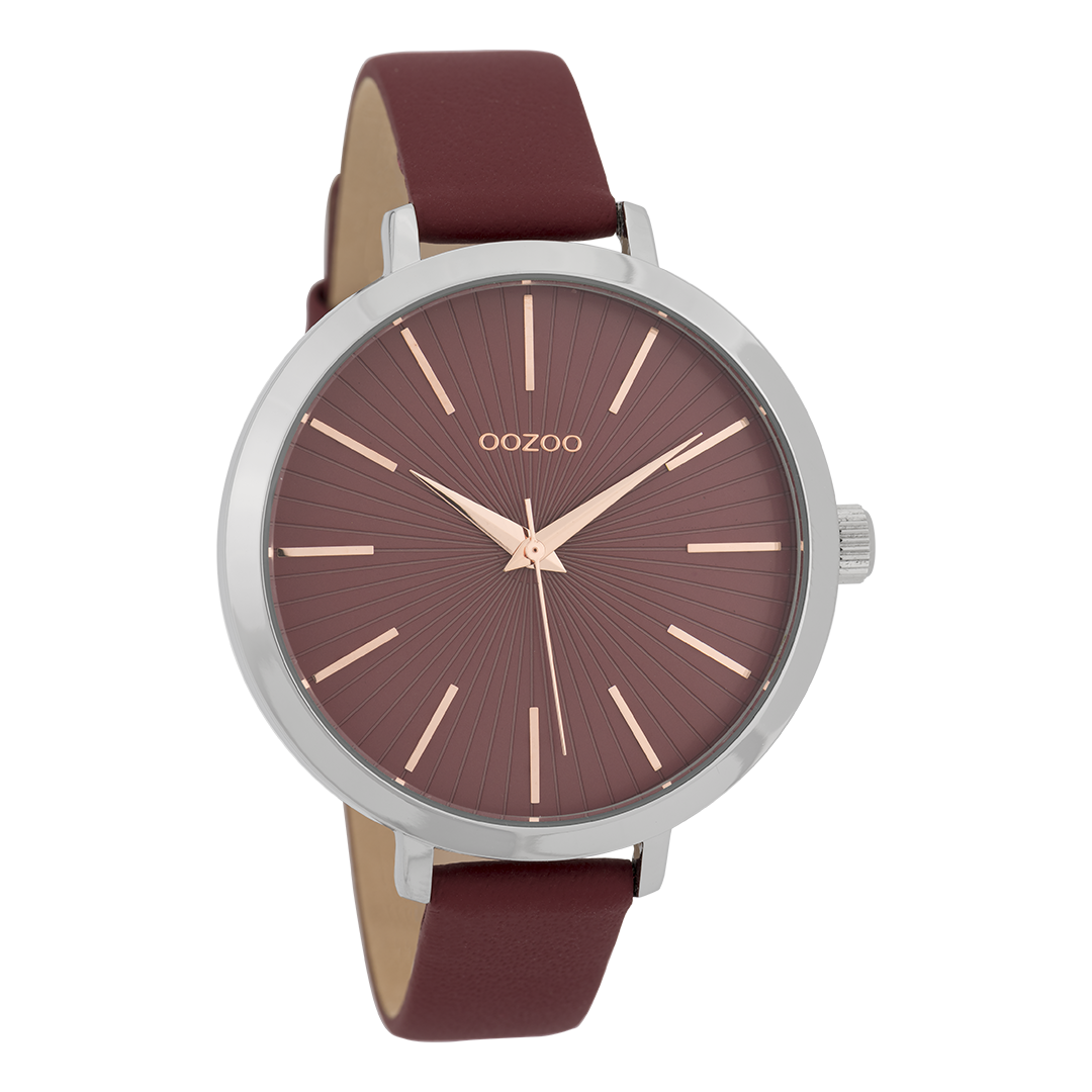Zilverkleurige OOZOO horloge met bordeaux rode leren band - C9673