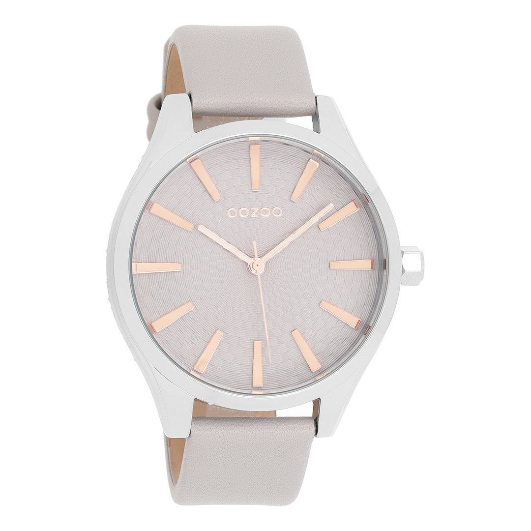 Silver coloured OOZOO watch with light grey leather strap - C9685