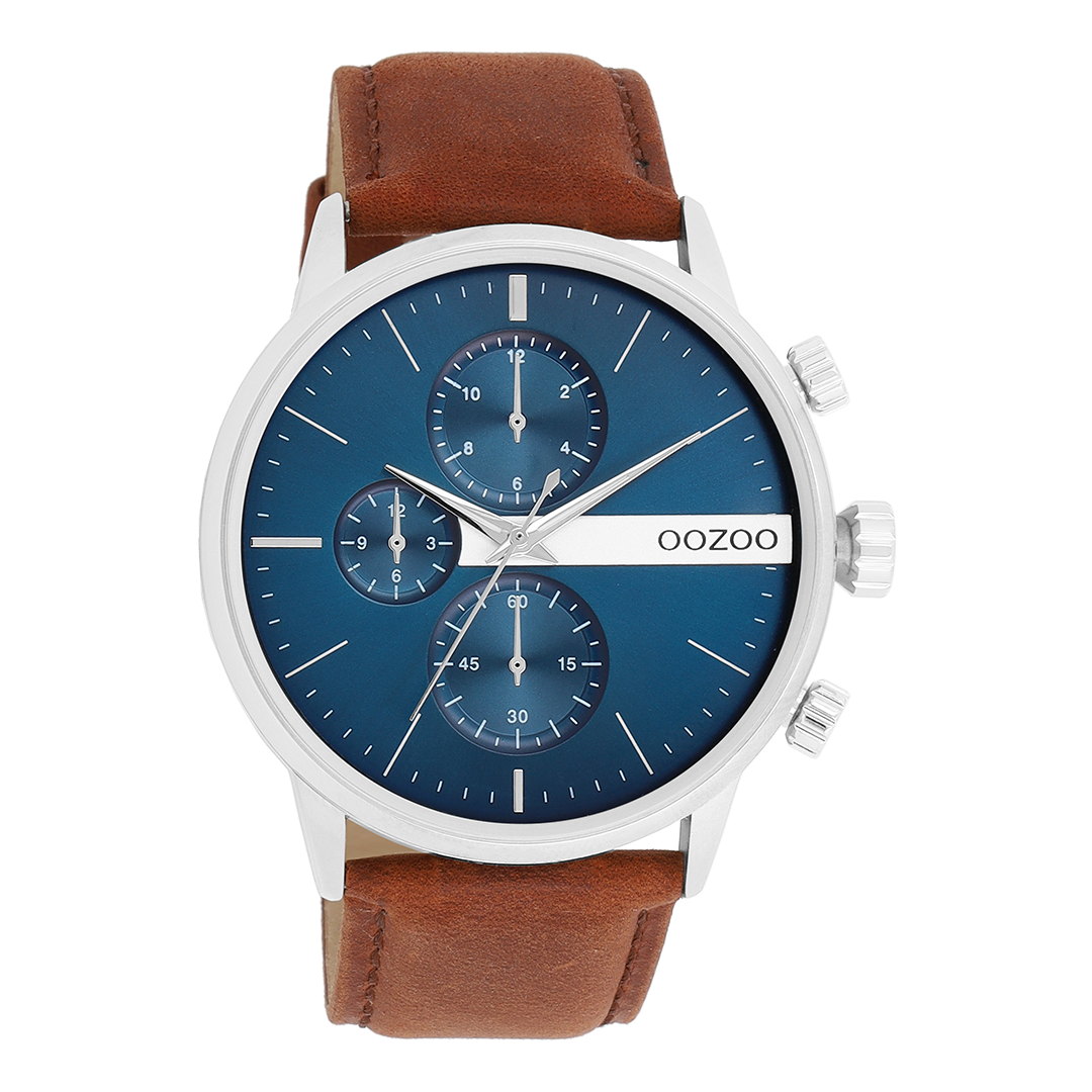 Silver coloured OOZOO watch with brown leather strap - C11221