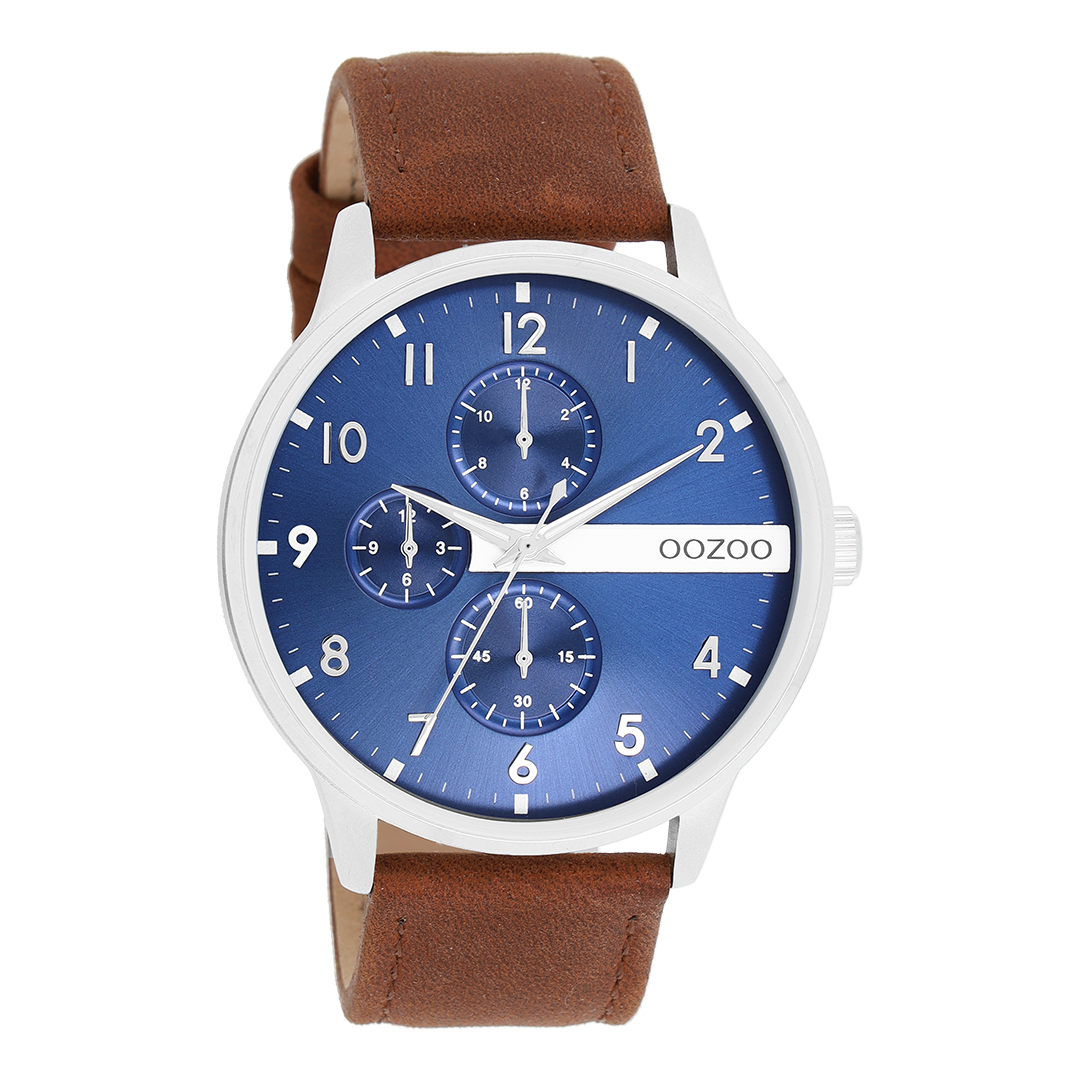 Silver coloured OOZOO watch with cognac leather strap - C11306